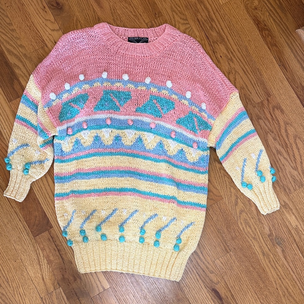 Vintage Angel Hand Knit Pastel Spring/Easter Crewneck Sweater w/Pom-Poms